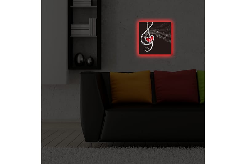 Canvas-taulu LED-valaistuksella 28x28 cm - Nuottisymboli sydämellä ja nuoteilla - Musta / Valkoinen / Punainen - Sisustustuotteet - Taulu & taide - Canvas-taulu