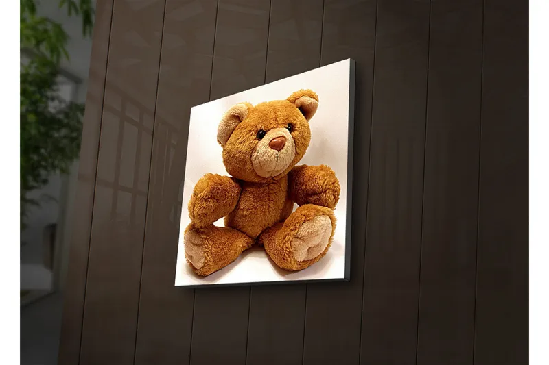 Canvas-taulu LED-valaistuksella 28x28 cm - Söpö pehmolelu karhun muotoisena, Ruskea / Beige