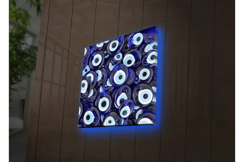 Canvas-taulu LED-valaistuksella 28x28 cm - Sinisen silmän muotoiset amuletit kuviossa, Sininen / Valkoinen / Musta