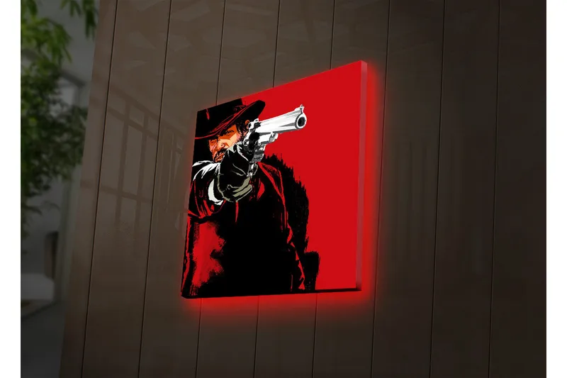 Canvas-taulu LED-valaistuksella 28x28 cm - Terävä muotokuva revolverimiehestä ase kädessään, Punainen / Musta