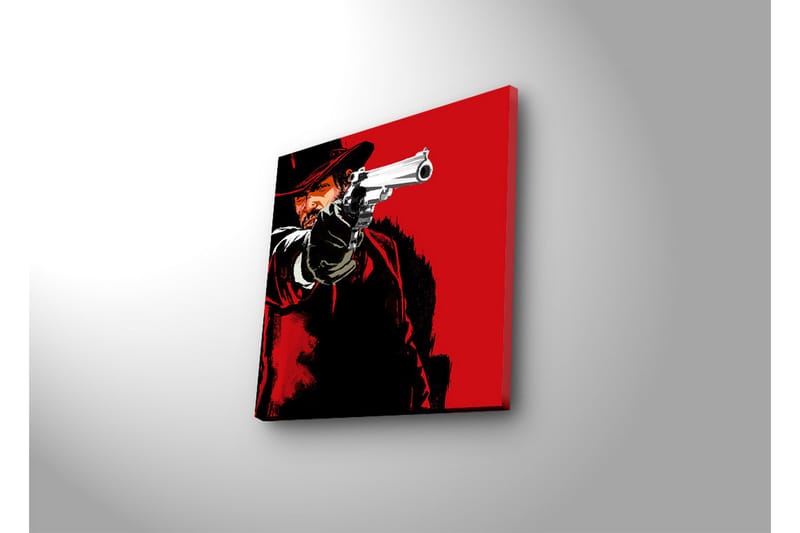 Canvas-taulu LED-valaistuksella 28x28 cm - Terävä muotokuva revolverimiehestä ase kädessään - Punainen / Musta - Sisustustuotteet - Taulu & taide - Canvas-taulu