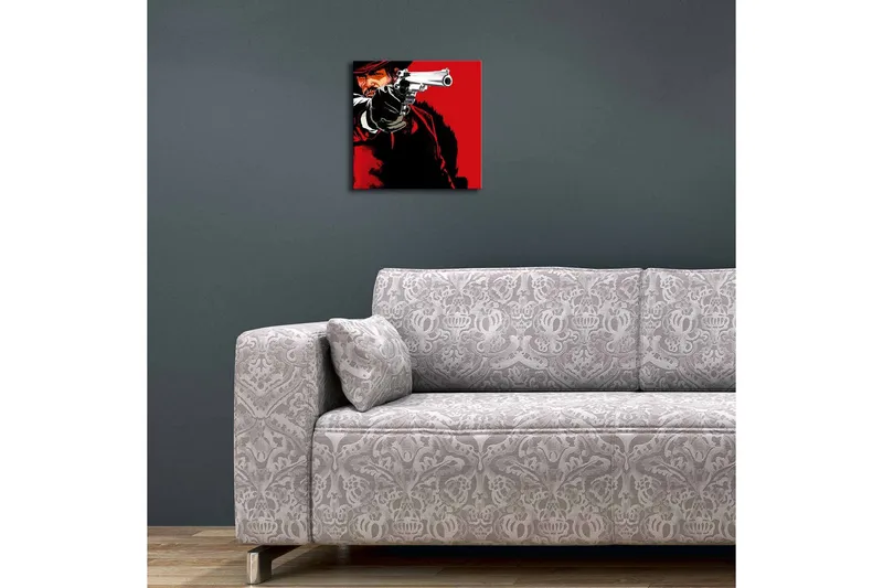 Canvas-taulu LED-valaistuksella 28x28 cm - Terävä muotokuva revolverimiehestä ase kädessään - Punainen / Musta - Sisustustuotteet - Taulu & taide - Canvas-taulu