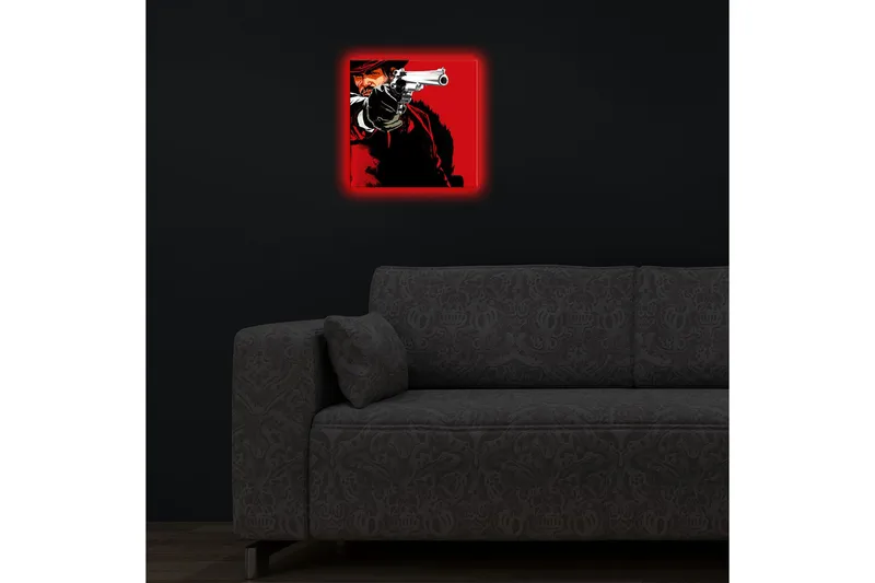 Canvas-taulu LED-valaistuksella 28x28 cm - Terävä muotokuva revolverimiehestä ase kädessään - Punainen / Musta - Sisustustuotteet - Taulu & taide - Canvas-taulu