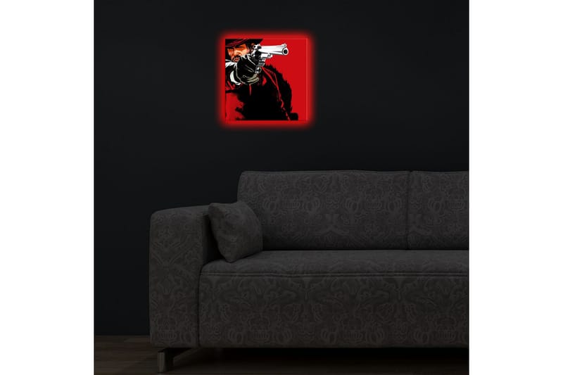 Canvas-taulu LED-valaistuksella 28x28 cm - Terävä muotokuva revolverimiehestä ase kädessään - Punainen / Musta - Sisustustuotteet - Taulu & taide - Canvas-taulu