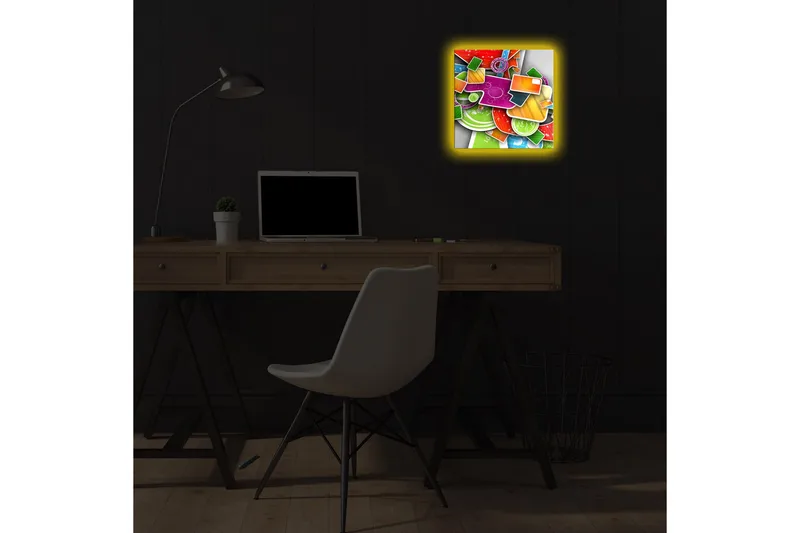 Canvas-taulu LED-valaistuksella 28x28 cm - Värikäs abstrakti sommitelma geometrisilla muodoilla ja kuvioilla - Vihreä / Punainen / Oranssi - Sisustustuotteet - Taulu & taide - Canvas-taulu