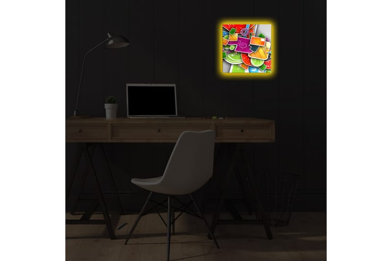 Canvas-taulu LED-valaistuksella 28x28 cm - Värikäs abstrakti sommitelma geometrisilla muodoilla ja kuvioilla - Vihreä / Punainen / Oranssi - Sisustustuotteet - Taulu & taide - Canvas-taulu