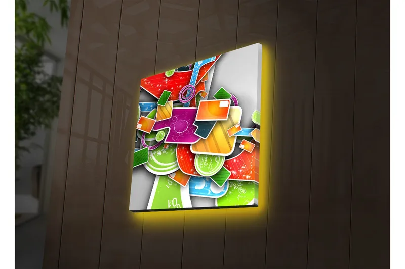 Canvas-taulu LED-valaistuksella 28x28 cm - Värikäs abstrakti sommitelma geometrisilla muodoilla ja kuvioilla - Vihreä / Punainen / Oranssi - Sisustustuotteet - Taulu & taide - Canvas-taulu