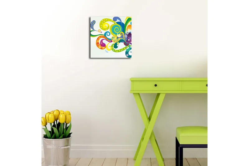 Canvas-taulu LED-valaistuksella 28x28 cm - Värikäs abstrakti sommitelma keinuvilla muodoilla ja spiraaleilla - Vihreä / Violetti / Keltainen - Sisustustuotteet - Taulu & taide - Canvas-taulu