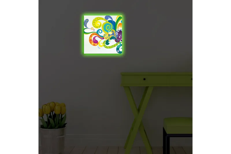 Canvas-taulu LED-valaistuksella 28x28 cm - Värikäs abstrakti sommitelma keinuvilla muodoilla ja spiraaleilla - Vihreä / Violetti / Keltainen - Sisustustuotteet - Taulu & taide - Canvas-taulu