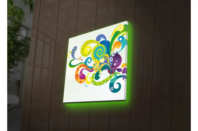 Canvas-taulu LED-valaistuksella 28x28 cm - Värikäs abstrakti sommitelma keinuvilla muodoilla ja spiraaleilla, Vihreä / Violetti / Keltainen