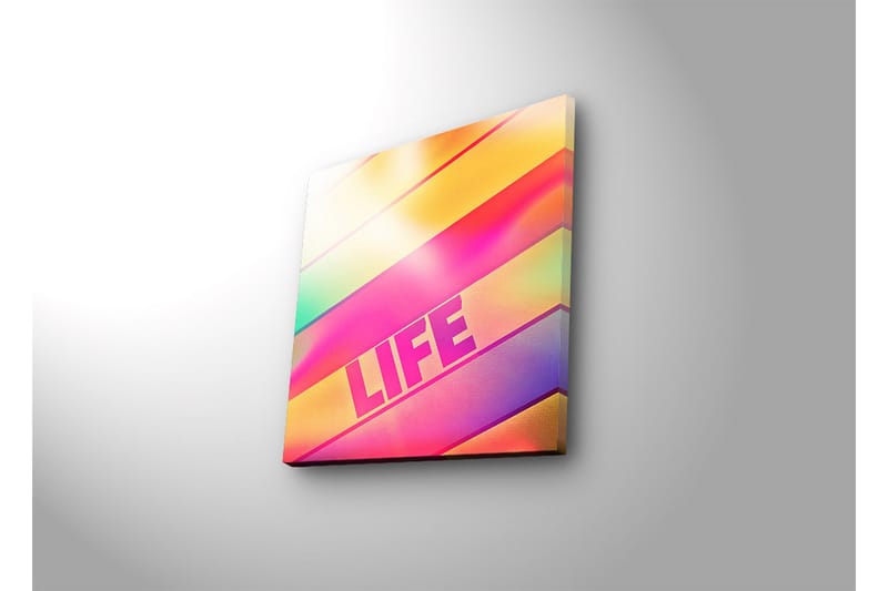 Canvas-taulu LED-valaistuksella 28x28 cm - Värikäs abstrakti sommitelma tekstillä LIFE - Vaaleanpunainen / Keltainen / Vihreä - Sisustustuotteet - Taulu & taide - Canvas-taulu