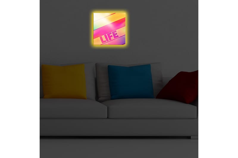 Canvas-taulu LED-valaistuksella 28x28 cm - Värikäs abstrakti sommitelma tekstillä LIFE - Vaaleanpunainen / Keltainen / Vihreä - Sisustustuotteet - Taulu & taide - Canvas-taulu