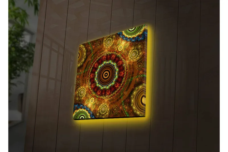 Canvas-taulu LED-valaistuksella 28x28 cm - Värikäs abstrakti sommitelma pyöreillä kuvioilla, Kulta / Punainen / Vihreä