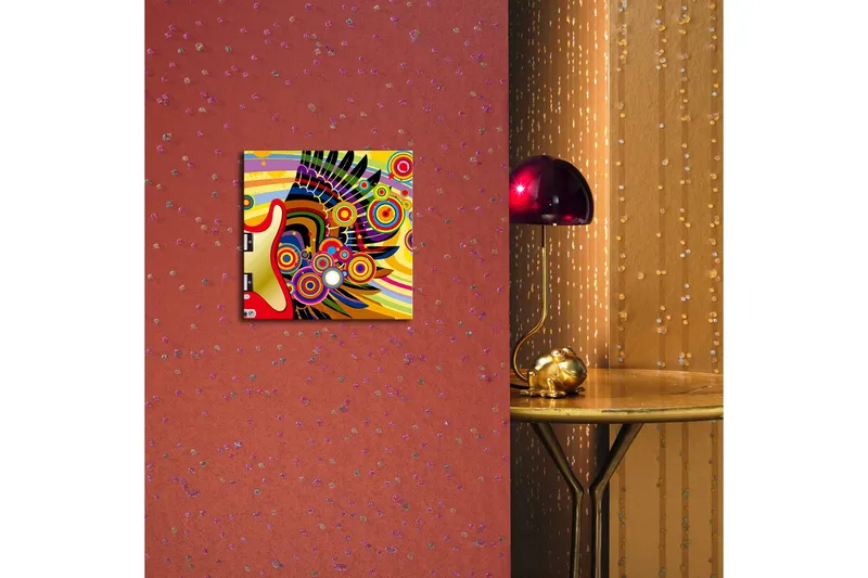 Canvas-taulu LED-valaistuksella 28x28 cm - Värikäs kitara abstrakteilla kuvioilla ja ympyröillä - Keltainen / Punainen / Vihreä - Sisustustuotteet - Taulu & taide - Canvas-taulu