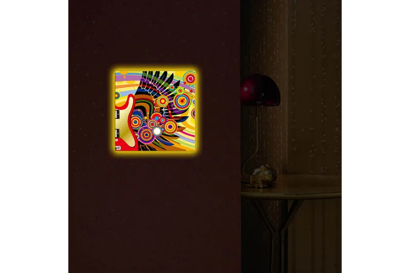 Canvas-taulu LED-valaistuksella 28x28 cm - Värikäs kitara abstrakteilla kuvioilla ja ympyröillä - Keltainen / Punainen / Vihreä - Sisustustuotteet - Taulu & taide - Canvas-taulu