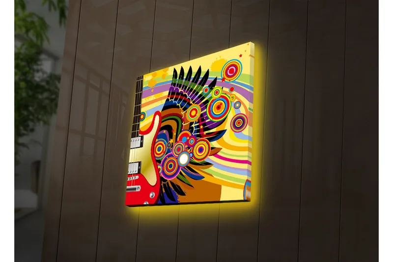 Canvas-taulu LED-valaistuksella 28x28 cm - Värikäs kitara abstrakteilla kuvioilla ja ympyröillä, Keltainen / Punainen / Vihreä