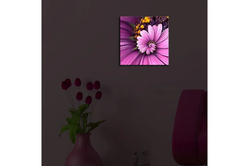 Canvas-taulu LED-valaistuksella 28x28 cm - Värikäs kukka vaaleanpunaisilla ja violeteilla terälehdillä - Vaaleanpunainen / violetti / keltainen - Sisustustuotteet - Taulu & taide - Canvas-taulu