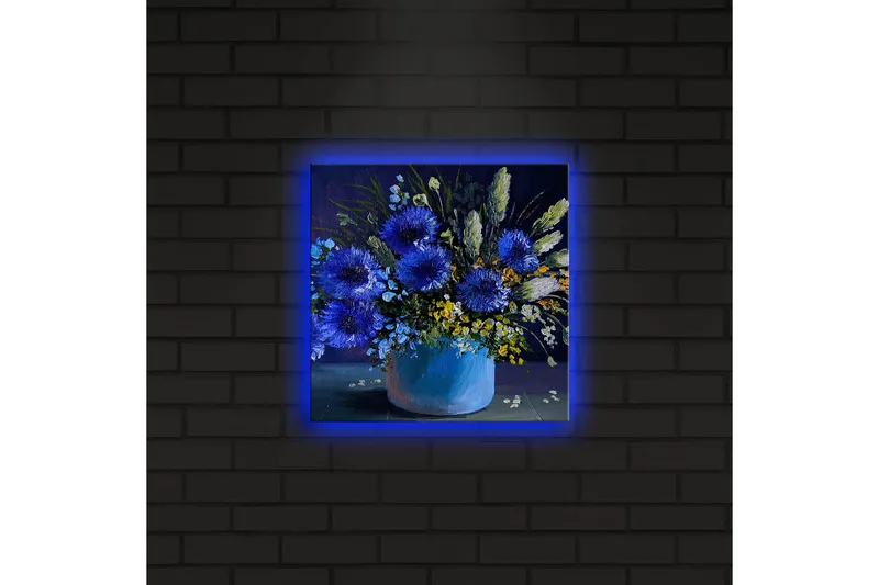 Canvas-taulu LED-valaistuksella 28x28 cm - Värikäs kukkakimppu maljakossa - Sininen / Vihreä / Keltainen - Sisustustuotteet - Taulu & taide - Canvas-taulu