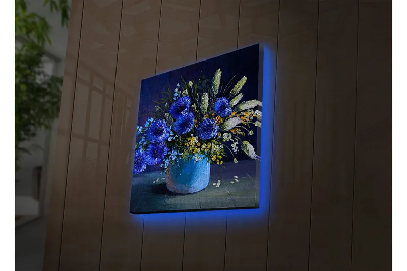 Canvas-taulu LED-valaistuksella 28x28 cm - Värikäs kukkakimppu maljakossa, Sininen / Vihreä / Keltainen