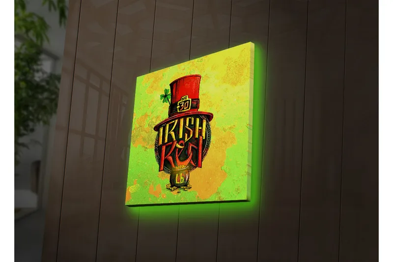 Canvas-taulu LED-valaistuksella 28x28 cm - Värikäs kuva irlantilaisesta hatusta tekstillä ja apilanlehdellä, Vihreä / Punainen / Keltainen