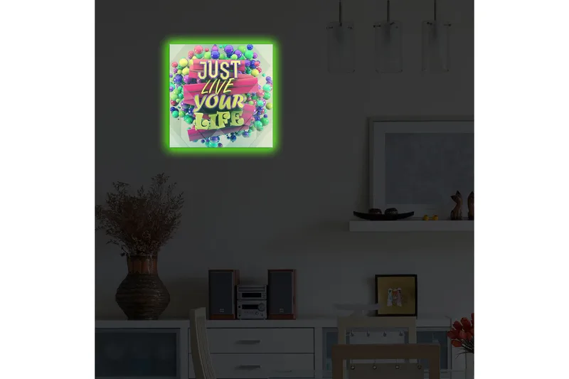 Canvas-taulu LED-valaistuksella 28x28 cm - Värikäs typografia inspiroivalla viestillä - Vihreä / Vaaleanpunainen / Violetti - Sisustustuotteet - Taulu & taide - Canvas-taulu