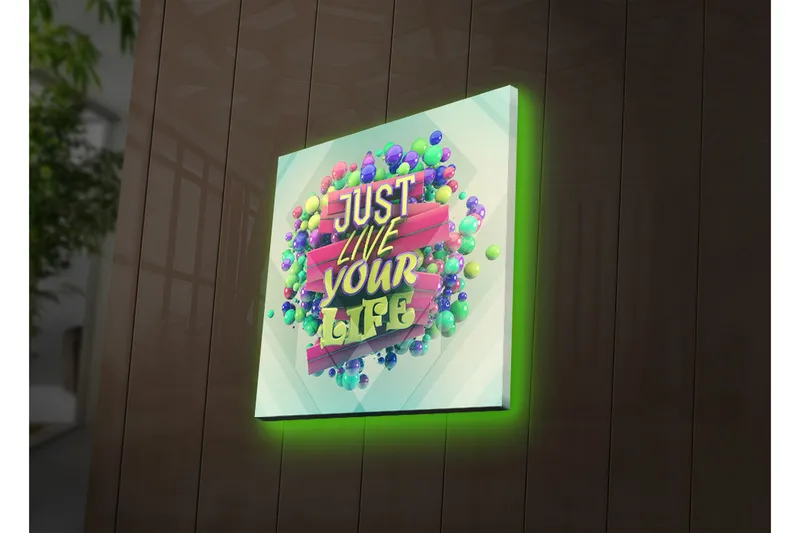 Canvas-taulu LED-valaistuksella 28x28 cm - Värikäs typografia inspiroivalla viestillä, Vihreä / Vaaleanpunainen / Violetti