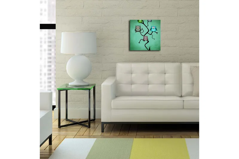 Canvas-taulu LED-valaistuksella 28x28 cm - Värikäs pöllöjen sommitelma oksalla - Vihreä / Sininen / Ruskea - Sisustustuotteet - Taulu & taide - Canvas-taulu