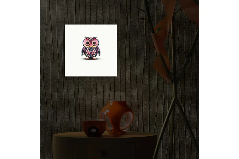 Canvas-taulu LED-valaistuksella 28x28 cm - Värikäs pöllö suurilla silmillä - Violetti / Vihreä / Vaaleanpunainen - Sisustustuotteet - Taulu & taide - Canvas-taulu