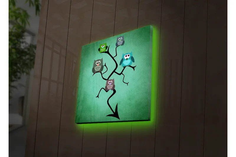 Canvas-taulu LED-valaistuksella 28x28 cm - Värikäs pöllöjen sommitelma oksalla, Vihreä / Sininen / Ruskea