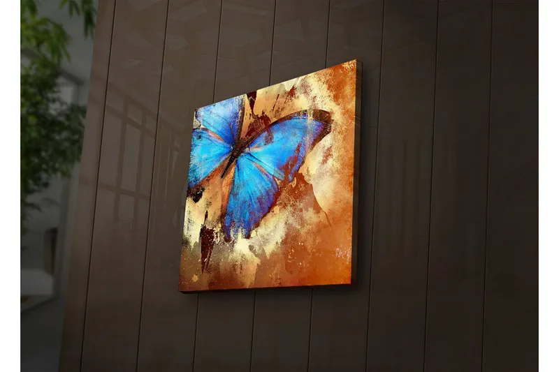 Canvas-taulu LED-valaistuksella 28x28 cm - Värikäs perhonen sinisillä siivillä, Sininen / Oranssi / Beige