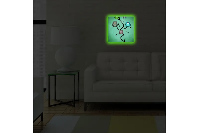 Canvas-taulu LED-valaistuksella 28x28 cm - Värikäs pöllöjen sommitelma oksalla - Vihreä / Sininen / Ruskea - Sisustustuotteet - Taulu & taide - Canvas-taulu