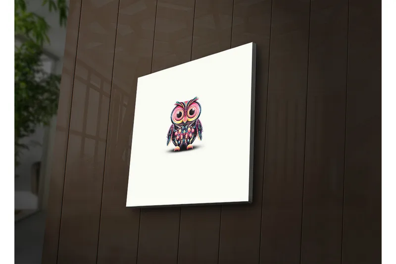 Canvas-taulu LED-valaistuksella 28x28 cm - Värikäs pöllö suurilla silmillä, Violetti / Vihreä / Vaaleanpunainen
