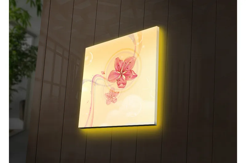 Canvas-taulu LED-valaistuksella 28x28 cm - Vaaleanpunaiset kukat pehmeässä ja kirkkaassa sommitelmassa, Vaaleanpunainen / Keltainen / Beige