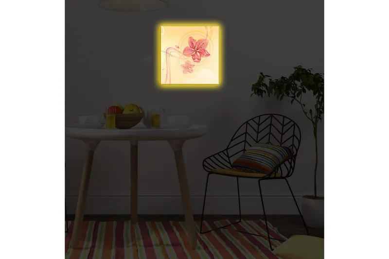 Canvas-taulu LED-valaistuksella 28x28 cm - Vaaleanpunaiset kukat pehmeässä ja kirkkaassa sommitelmassa - Vaaleanpunainen / Keltainen / Beige - Sisustustuotteet - Taulu & taide - Canvas-taulu