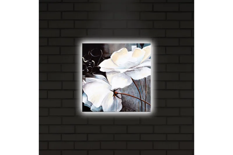Canvas-taulu LED-valaistuksella 28x28 cm - Valkoisia kukkia eleganteilla yksityiskohdilla - Valkoinen / Harmaa / Ruskea - Sisustustuotteet - Taulu & taide - Canvas-taulu