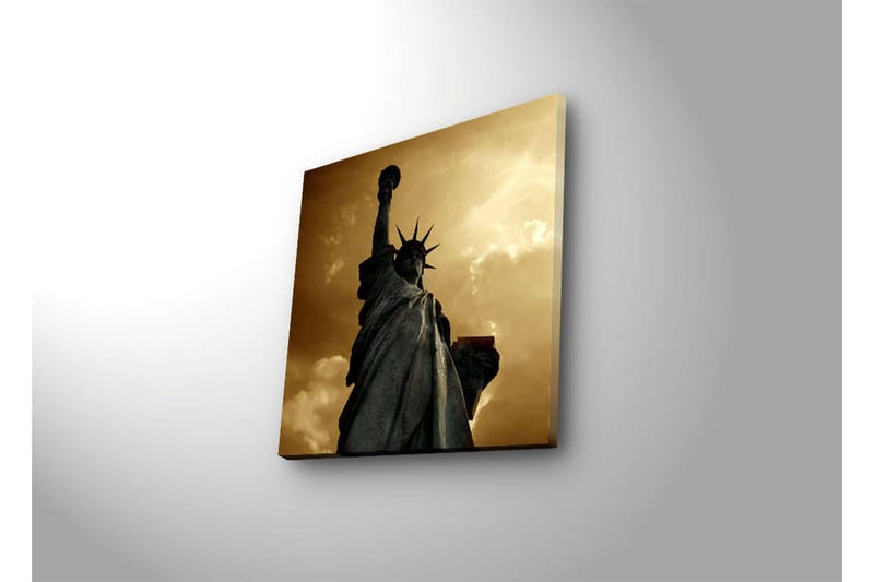 Canvas-taulu LED-valaistuksella 28x28 cm - Vapaudenpatsas majesteettisessa asennossa dramaattista taivasta vasten - Kulta / Harmaa / Musta - Sisustustuotteet - Taulu & taide - Canvas-taulu