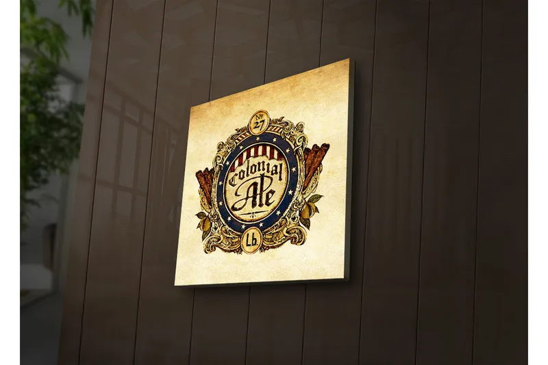 Canvas-taulu LED-valaistuksella 28x28 cm - Vintage-oluetiketti koriste-elementeillä, Tummansininen / Beige / Punainen