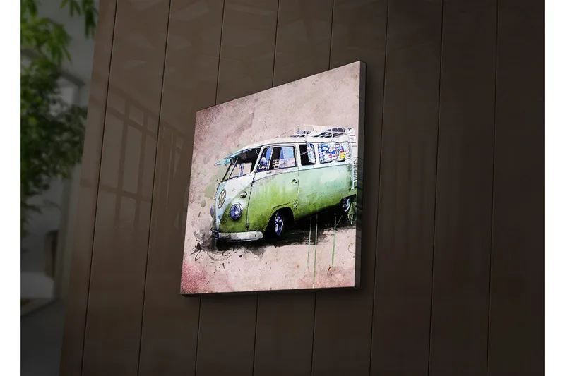 Canvas-taulu LED-valaistuksella 28x28 cm - Vintage Volkswagen-pakettiauto vihreässä sävyssä, Vihreä / Vaaleanpunainen / Valkoinen
