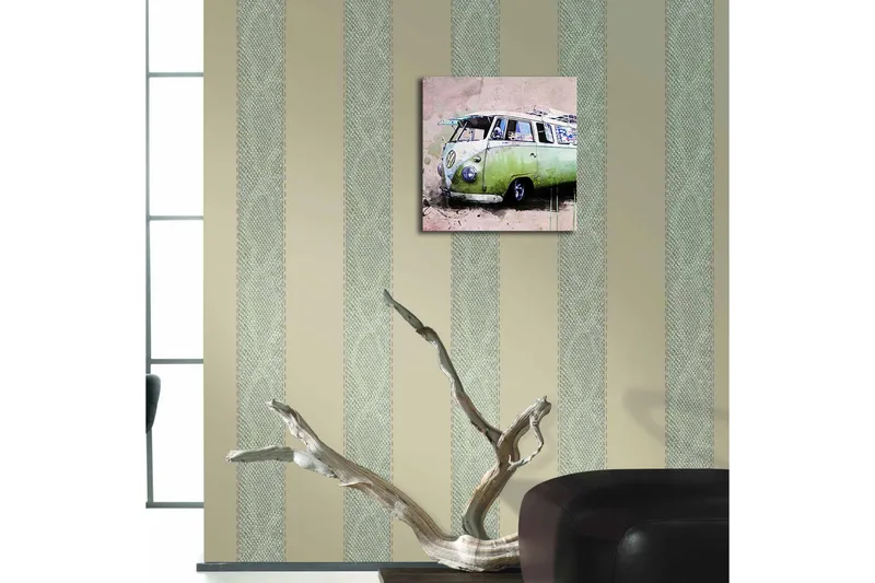 Canvas-taulu LED-valaistuksella 28x28 cm - Vintage Volkswagen-pakettiauto vihreässä sävyssä - Vihreä / Vaaleanpunainen / Valkoinen - Sisustustuotteet - Taulu & taide - Canvas-taulu