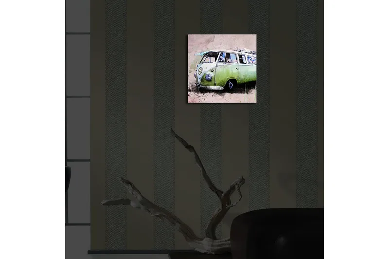 Canvas-taulu LED-valaistuksella 28x28 cm - Vintage Volkswagen-pakettiauto vihreässä sävyssä - Vihreä / Vaaleanpunainen / Valkoinen - Sisustustuotteet - Taulu & taide - Canvas-taulu