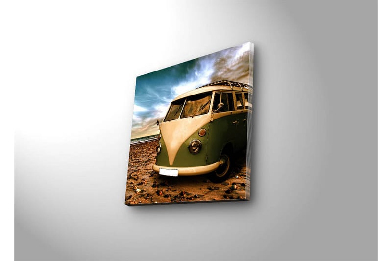 Canvas-taulu LED-valaistuksella 28x28 cm - Vintage-pakettiauto rannalla - Vihreä / Beige / Ruskea - Sisustustuotteet - Taulu & taide - Canvas-taulu