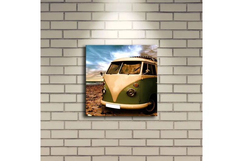 Canvas-taulu LED-valaistuksella 28x28 cm - Vintage-pakettiauto rannalla - Vihreä / Beige / Ruskea - Sisustustuotteet - Taulu & taide - Canvas-taulu