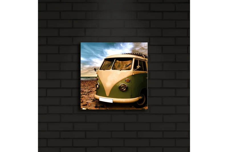 Canvas-taulu LED-valaistuksella 28x28 cm - Vintage-pakettiauto rannalla - Vihreä / Beige / Ruskea - Sisustustuotteet - Taulu & taide - Canvas-taulu