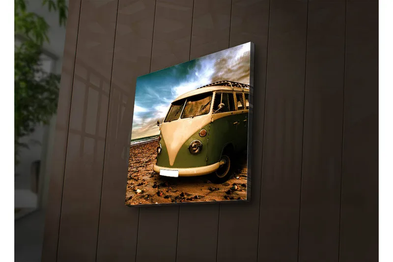 Canvas-taulu LED-valaistuksella 28x28 cm - Vintage-pakettiauto rannalla, Vihreä / Beige / Ruskea