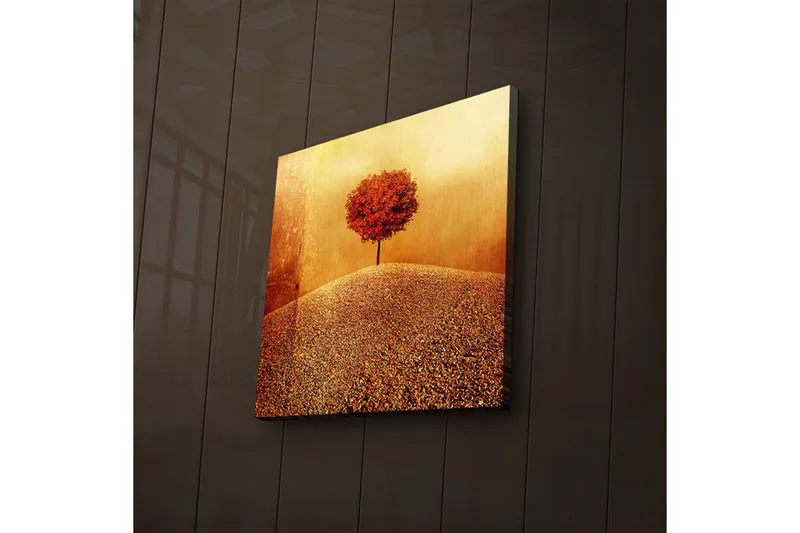 Canvas-taulu LED-valaistuksella 28x28 cm - Yksinäinen punainen puu kultaisella kukkulalla, Punainen / Kulta / Beige