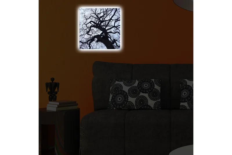 Canvas-taulu LED-valaistuksella 28x28 cm - Puun siluetti vaaleaa taustaa vasten - Musta / Sininen / Valkoinen - Sisustustuotteet - Taulu & taide - Canvas-taulu