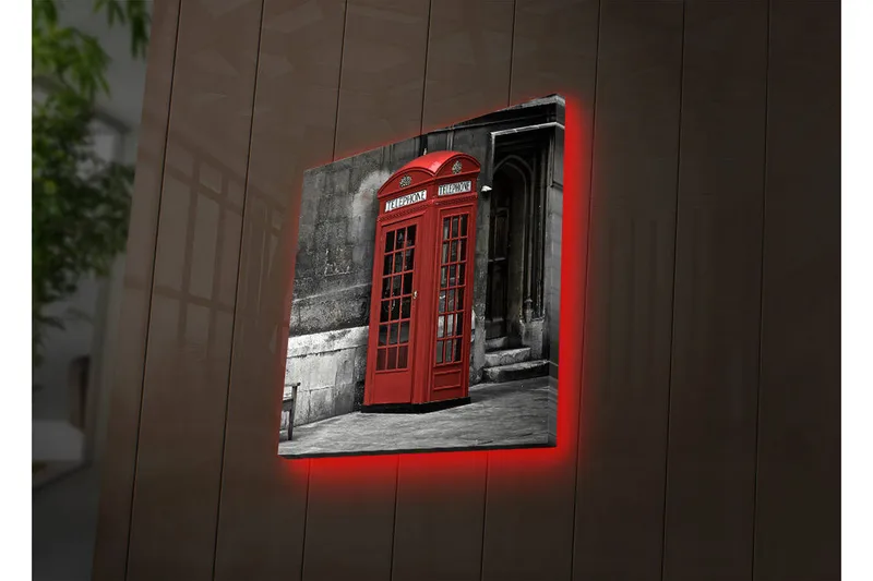 Canvas-taulu LED-valaistuksella 28x28 cm - Punainen puhelinkoppi mustavalkoista taustaa vasten, Punainen / Harmaa / Musta