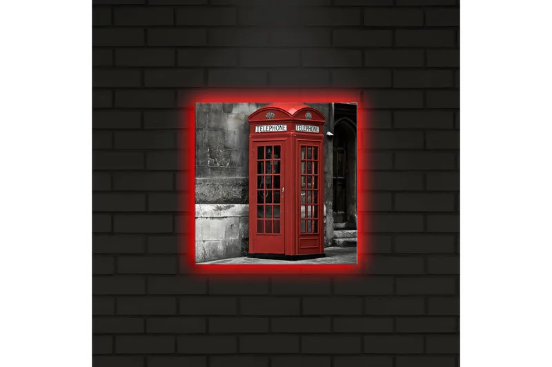 Canvas-taulu LED-valaistuksella 28x28 cm - Punainen puhelinkoppi mustavalkoista taustaa vasten - Punainen / Harmaa / Musta - Sisustustuotteet - Taulu & taide - Canvas-taulu