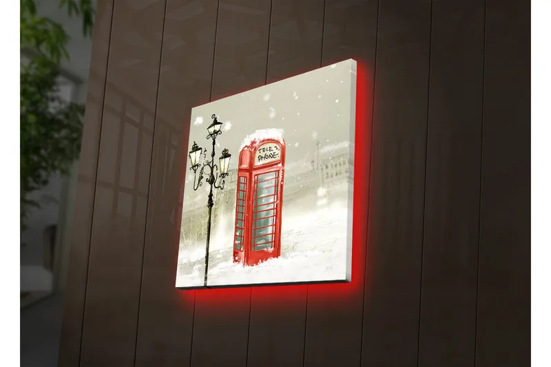 Canvas-taulu LED-valaistuksella 28x28 cm - Punainen puhelinkoppi lumisessa talvimaisemassa, Punainen / Harmaa / Valkoinen