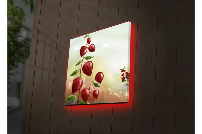 Canvas-taulu LED-valaistuksella 28x28 cm - Punainen kukanvarsi vihreillä lehdillä, Punainen / Vihreä